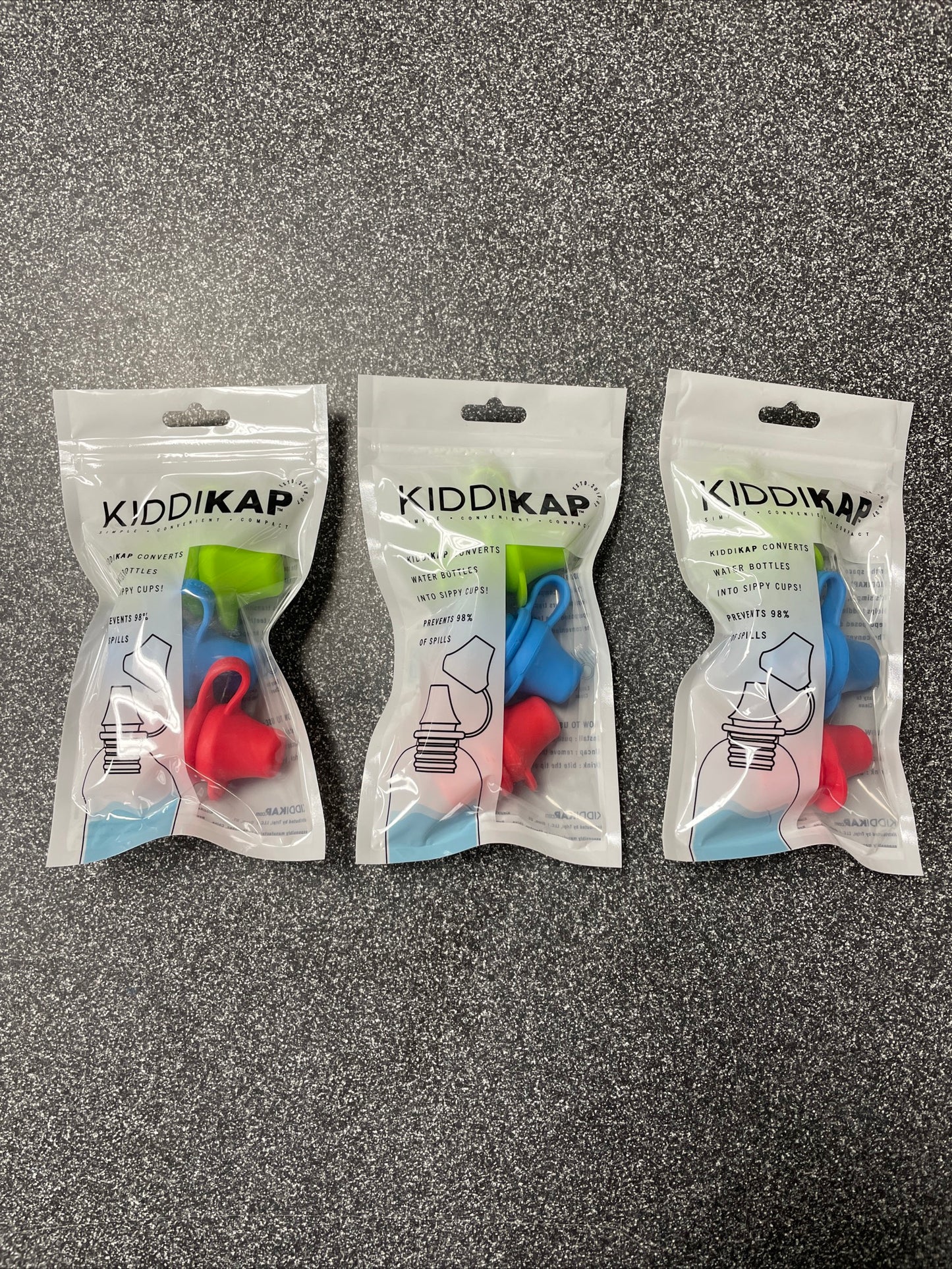 KiddiKap-No Spill Silicone Bottle Top Spout (3)3 Pack Bundle (Red, Blue, Green)