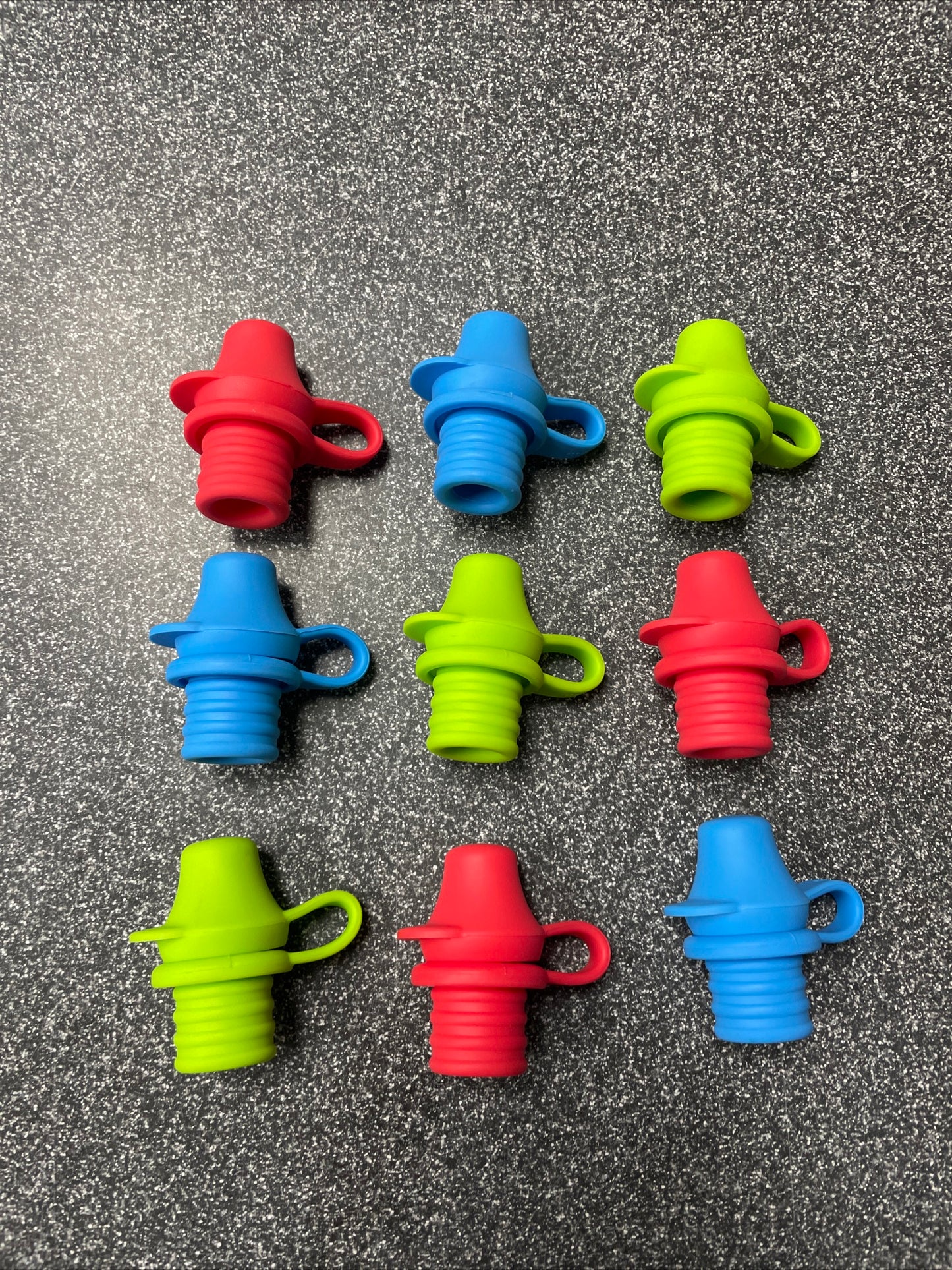 KiddiKap-No Spill Silicone Bottle Top Spout (3)3 Pack Bundle (Red, Blue, Green)